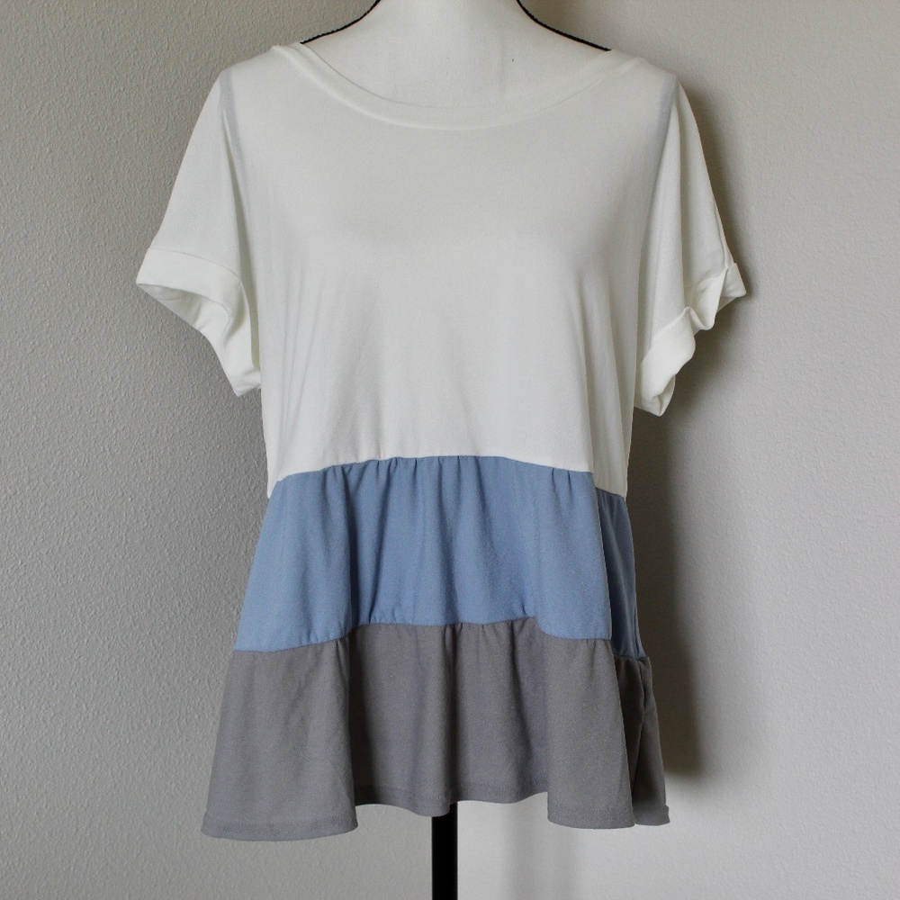 White, Blue, & Gray Tiered Colorblock Top